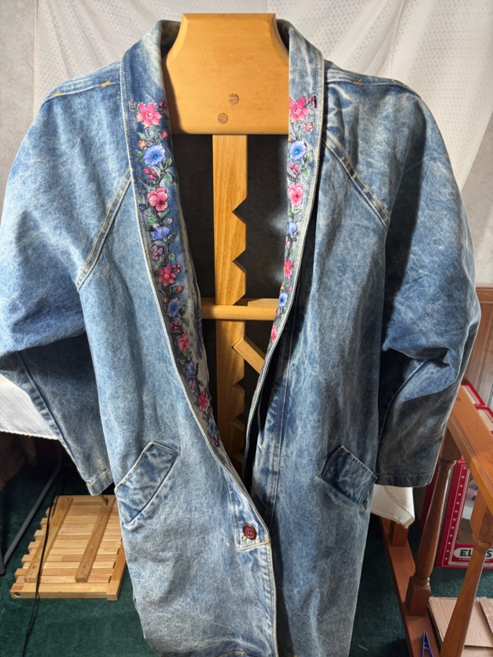 Vintage-Inspired White washed 80s Blue Denim Jean Jacket with Floral Trim